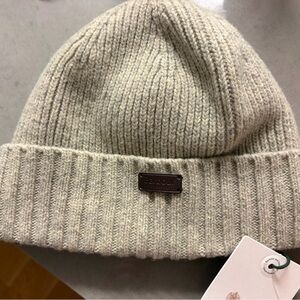 Barbour Cream Ribbed Knit Beanie with Logo Plaque